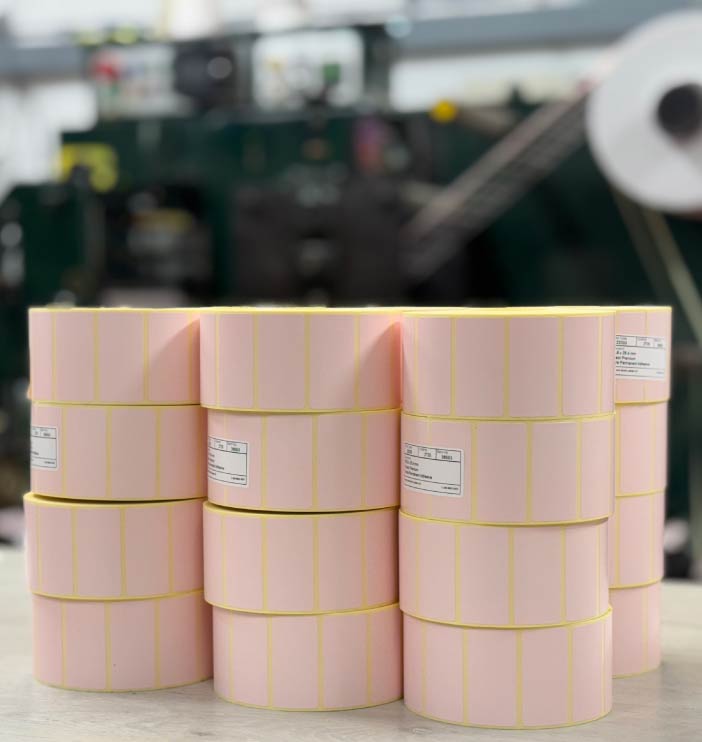 Pink colour-washed direct thermal labels on rolls